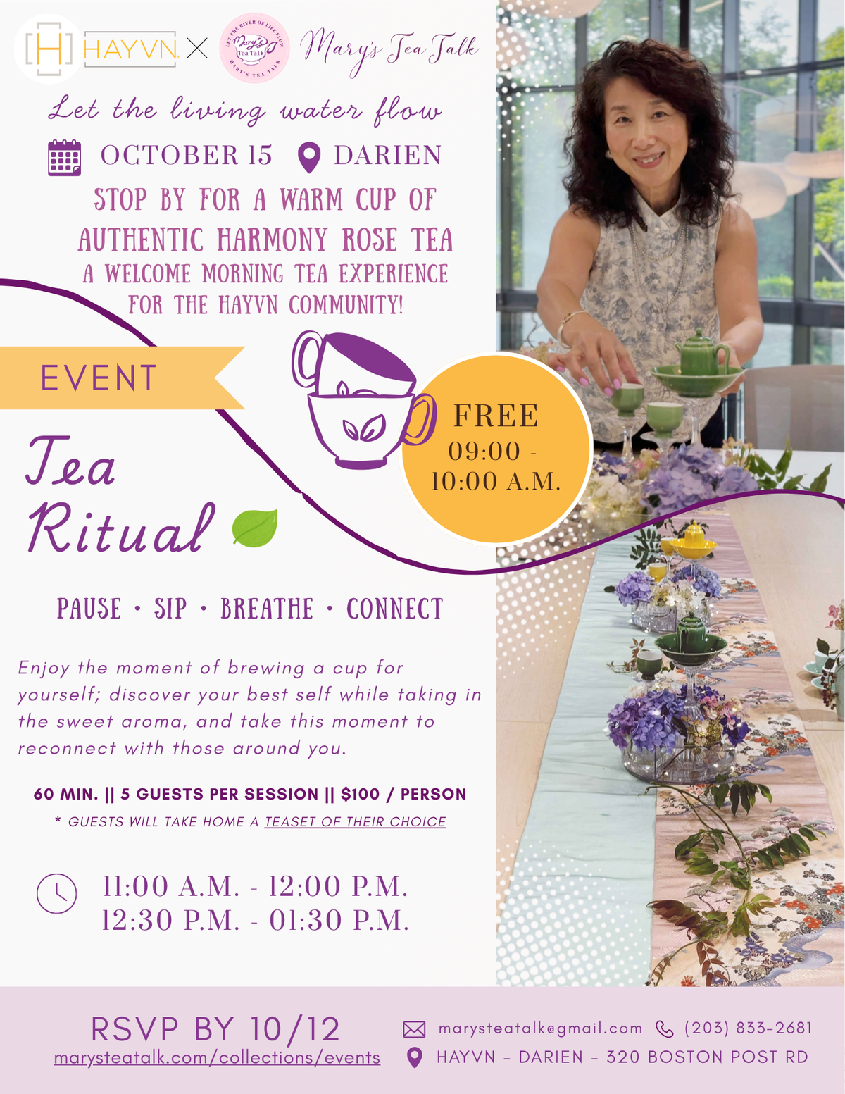 Promotional flyer for a 'Tea Ritual' event featuring Mary Tea Talk from Hayvn x Mary Tea Talk, with event details, pricing, and a photo of Mary preparing tea.