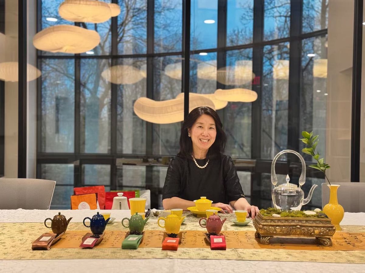 A woman sits behind a long table displaying a collection of colorful teapots, cups, and a glass teapot in a modern interior with large windows and hanging pendant lights.