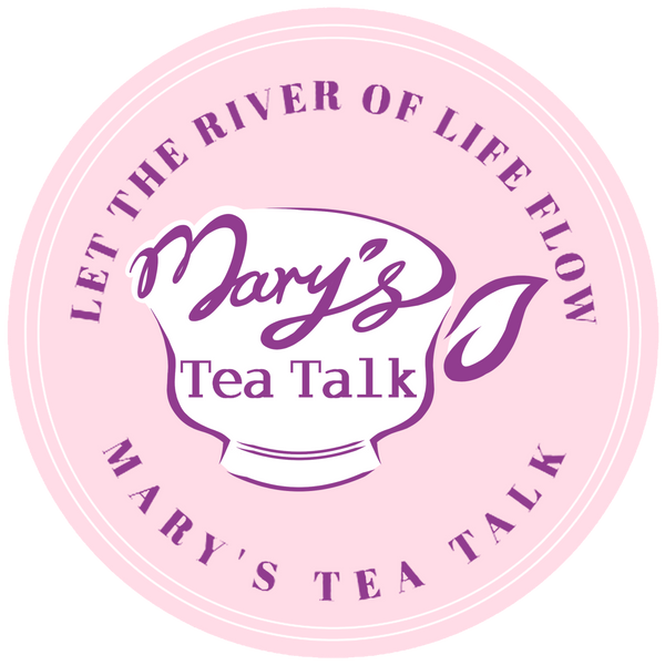 A circular pink logo for Mary's Tea Talk, featuring a white teacup outline with purple script and text reading 'Mary's Tea Talk' and 'Let the river of life flow Mary's Tea Talk.'.